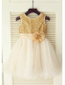 Gold Sequin Ivory Tulle Curly Hem Flower Girl Dress With Flower Sash